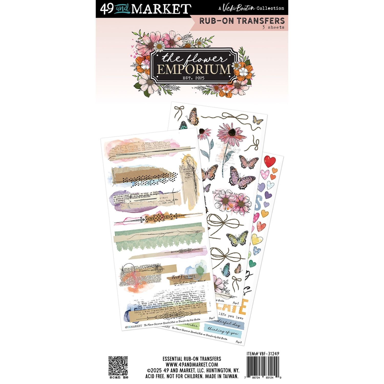 The Flower Emporium Essential Rub-on Transfers / Juego De Transferencias Esenciales Para Frotar Tintas 49 and Market
