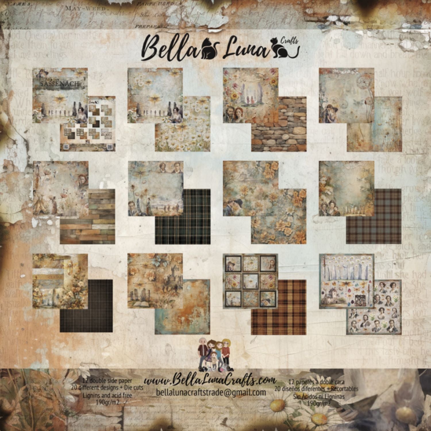 Paquete 12 Papeles Sassenach 8x8" Papel Bellaluna Crafts