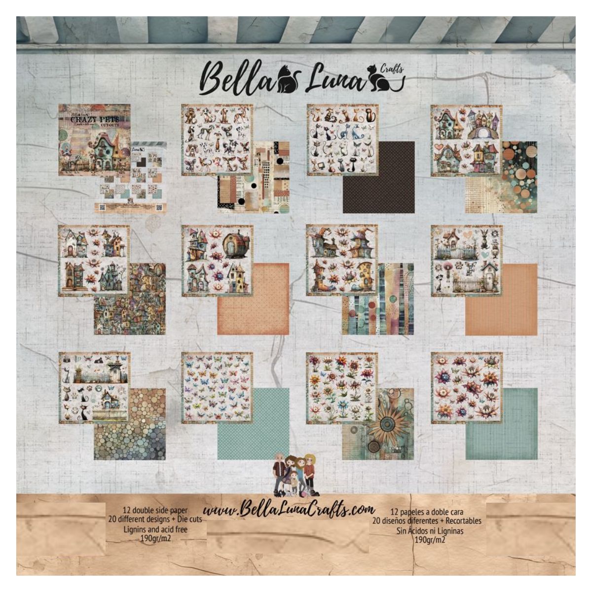 Paquete 12 Papeles Crazy Pets Cut Outs 8x8" Papel Bellaluna Crafts