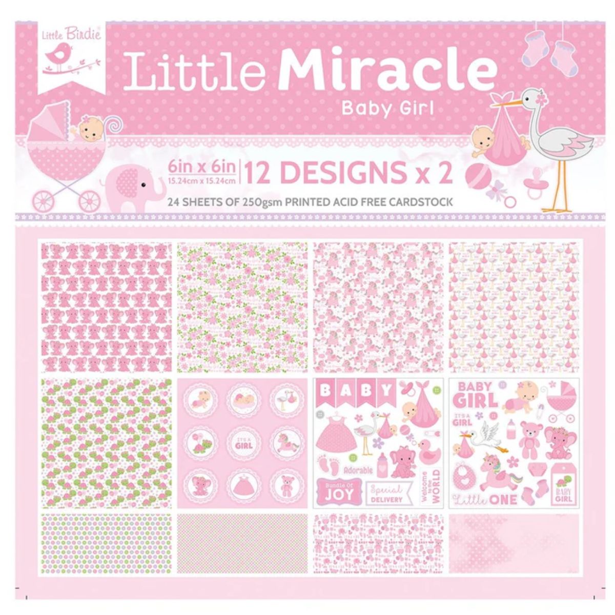 Baby Girl Cardstock Pack 6" / Paquete de 24 Hojas de Cartulina Pequeño Milagro Niña Papel Little Birdie