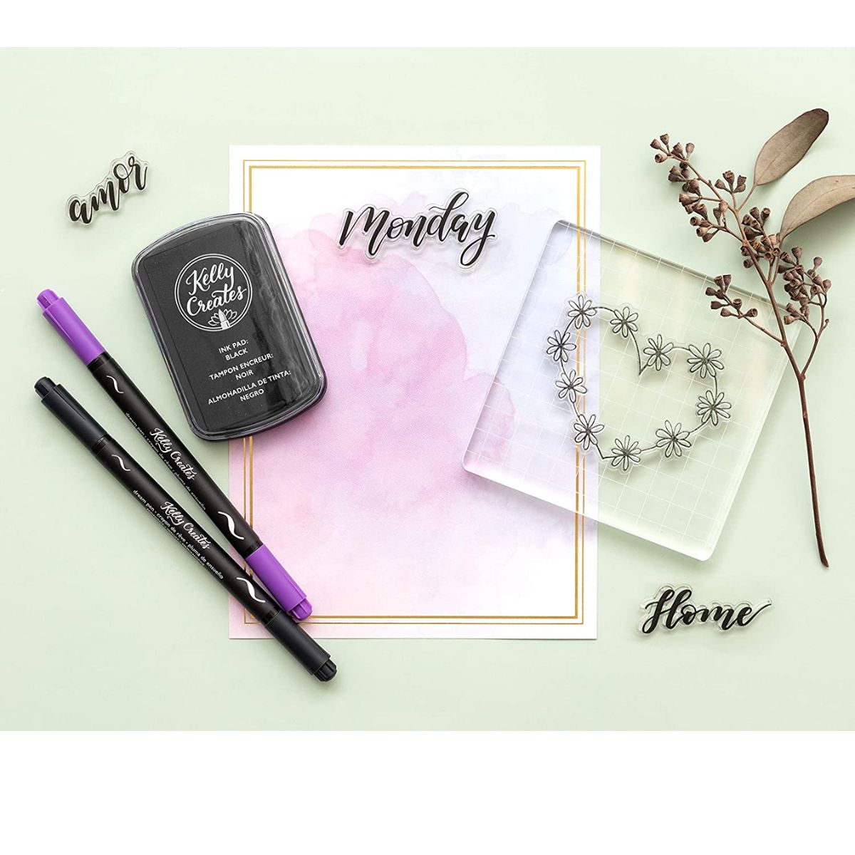 Ink Pad & Stamp Block Set /  Set de 2 Tintas y 2 Bloques de Acrílico para Sellos Tintas Kelly Creates