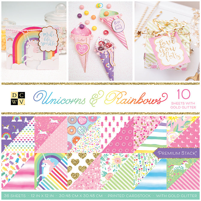 Unicorns &amp; Rainbows Gold Glitter Paper 12&quot; / Block de Papel Doble Cara Unicornios y Arcoirirs Papel DCWV