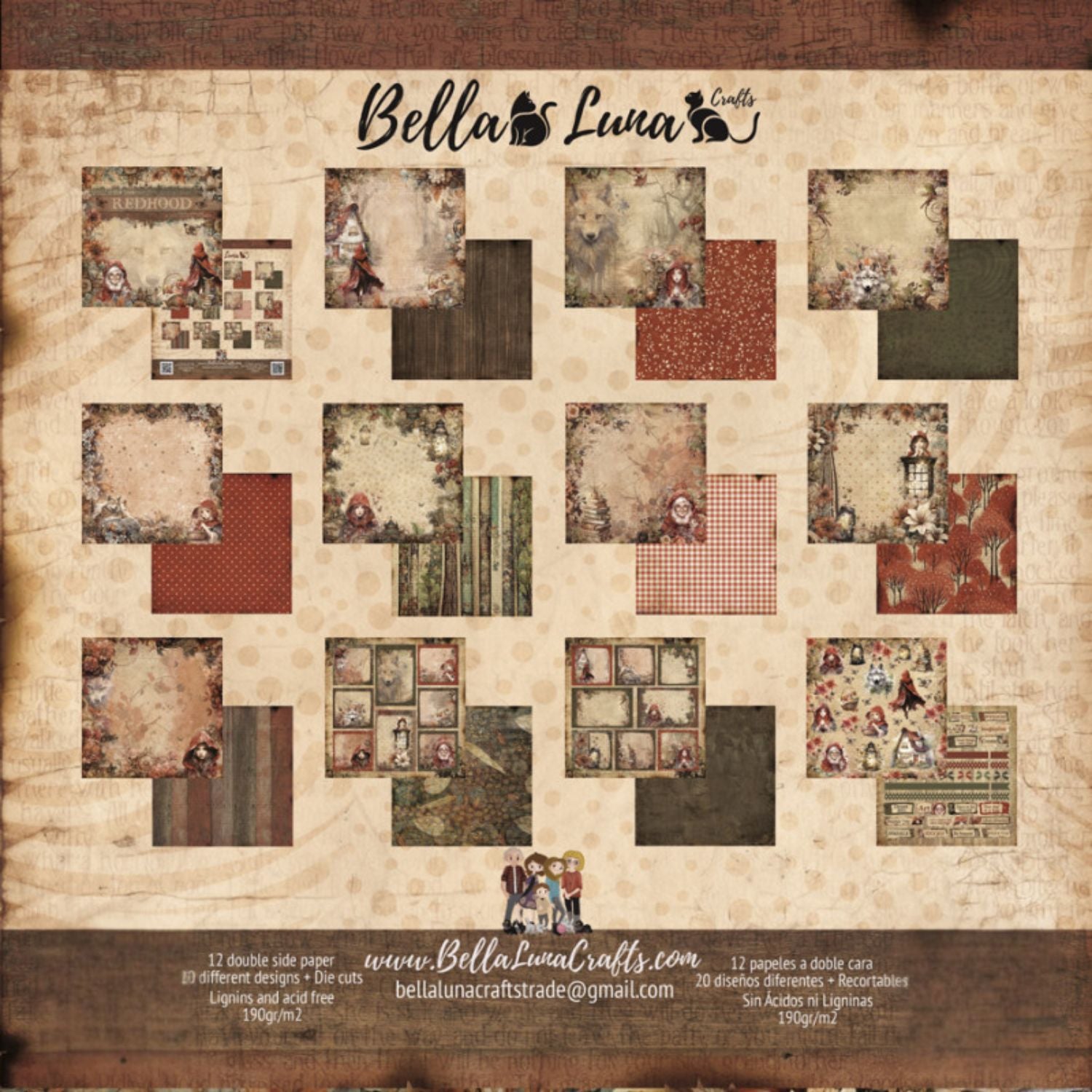 Paquete 12 Papeles Caperucita Roja 8x8&quot; Papel Bellaluna Crafts