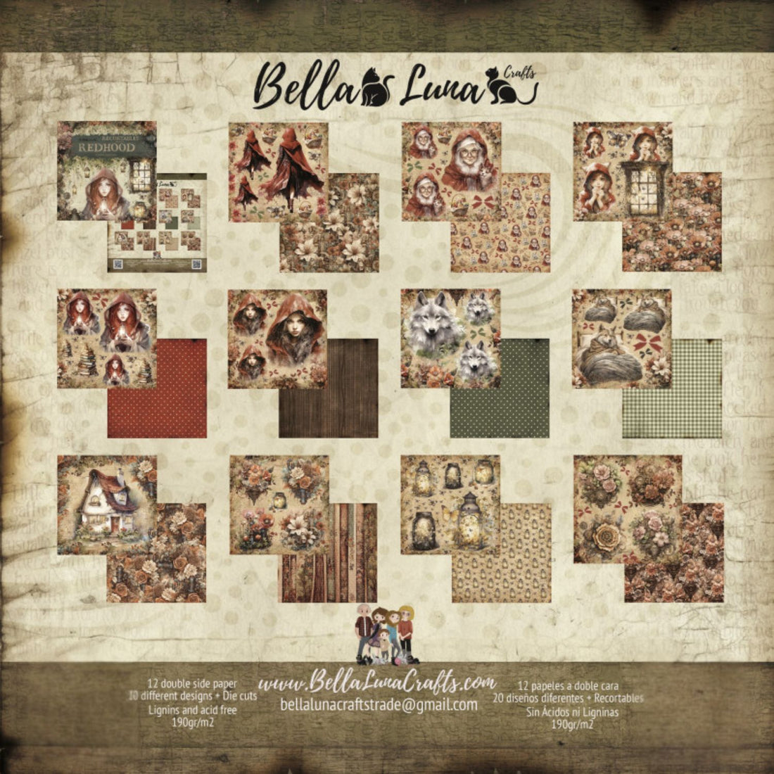 Paquete 12 Papeles Caperucita Roja Recortes 8x8&quot; Papel Bellaluna Crafts