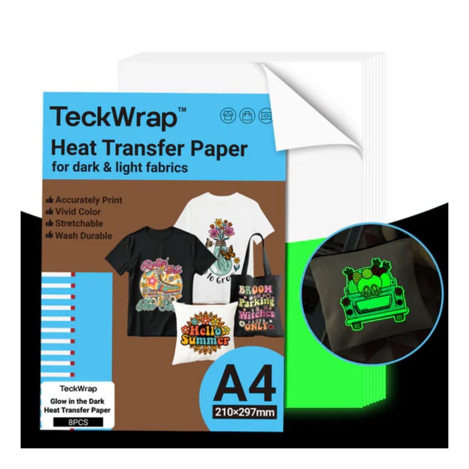 Inkjet HTV for Dark &amp; Light Fabric Glow in The Dark / Vinil Imprimible Termoadhesivo Brilla En La Oscuridad Viniles Teckwrap