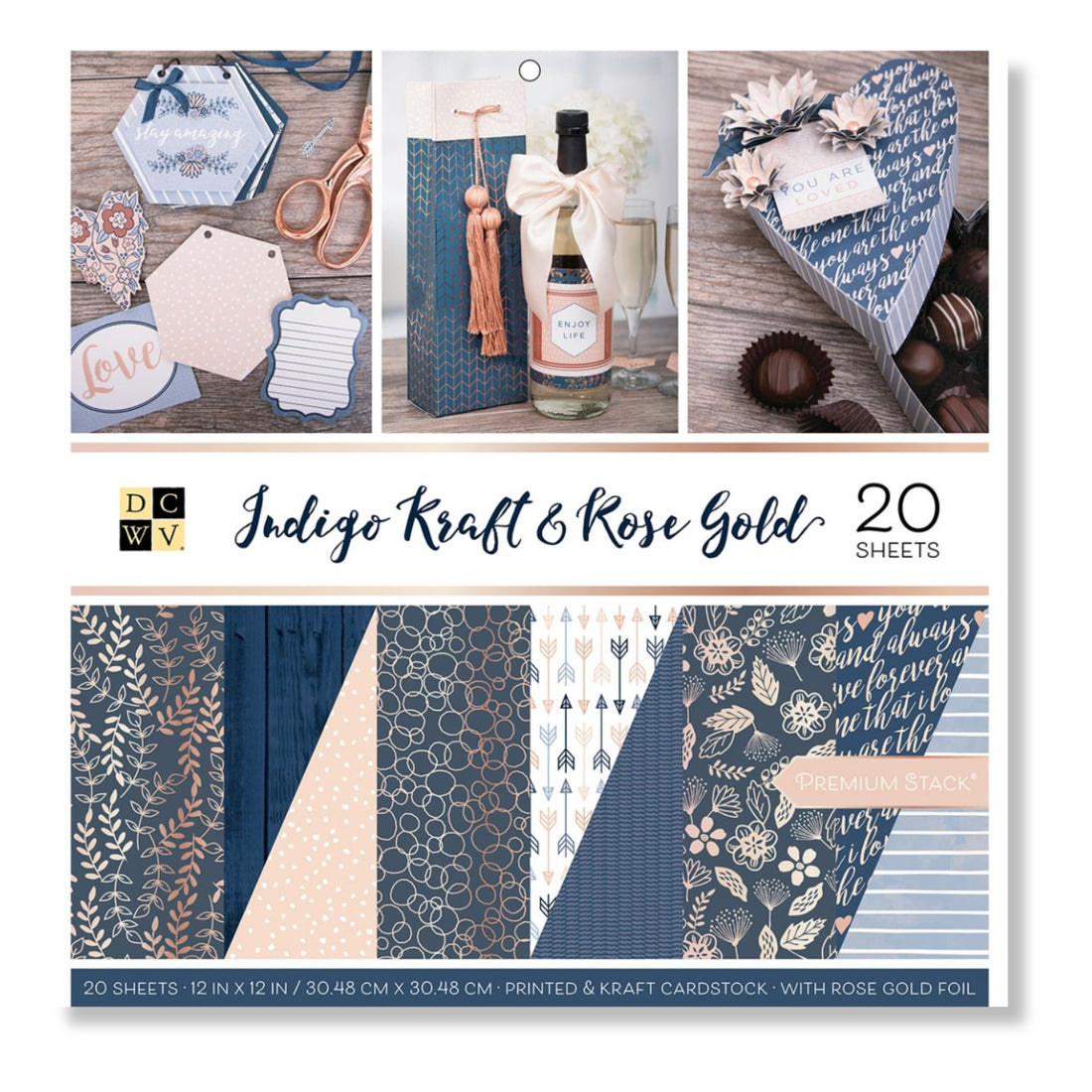 Indigo Kraft &amp; Rose Gold Paper Pad 12" / Block de Papel Indigo Papel DCWV