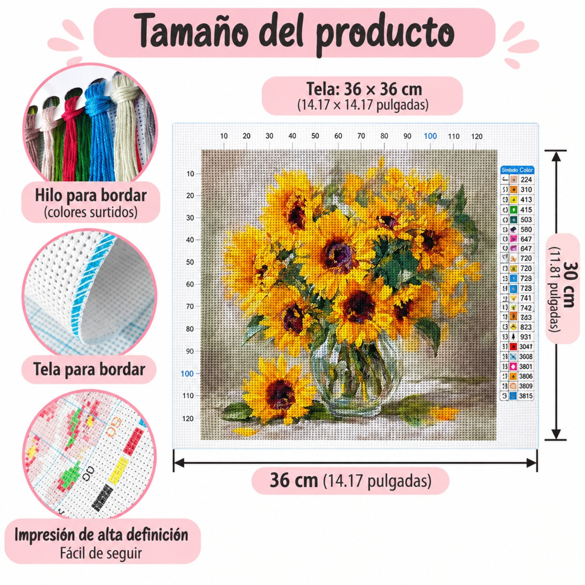 Kit Bordado Punto de Cruz Oil Painting Sunflower Cross Stitch Kit 30cm