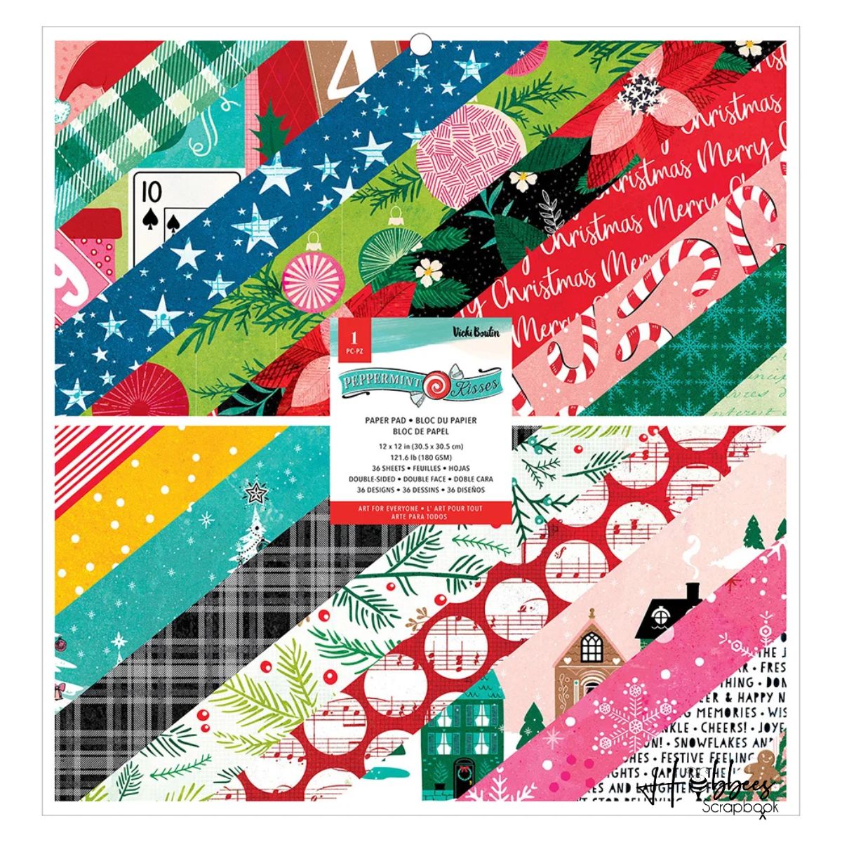 Peppermint Kisses Paper Pad 12in / Bloc de Papel Navideño Doble Cara Descontinuado American Crafts