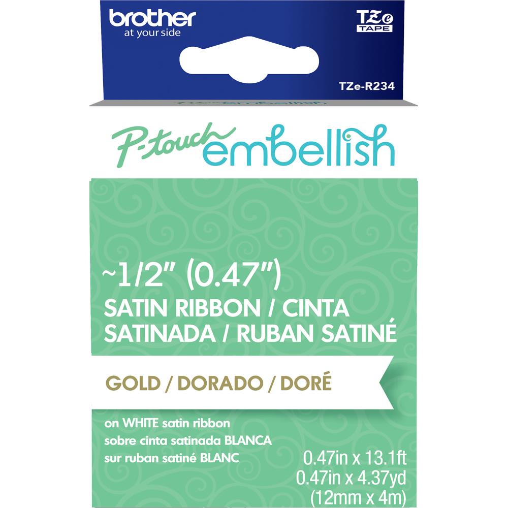 P-Touch Embellish Satin Ribbon Gold on White / Listón Satinado Dorado sobre Blanco Descontinuado Brother