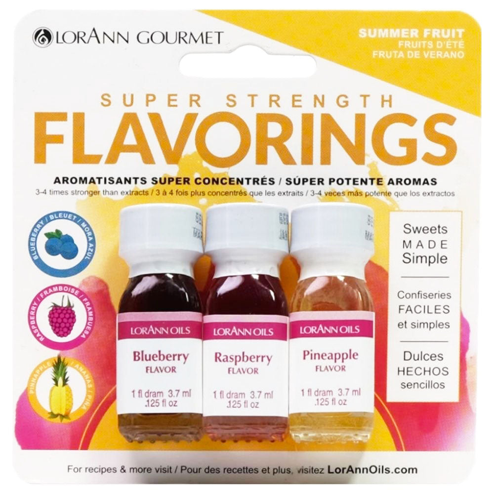 Summer Fruits Flavorings / Saborizantes de Mora Azul, Frambuesa y Piña. Repostería Lorann Gourmet