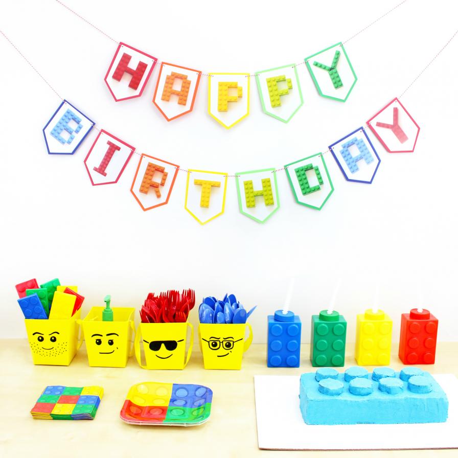 Color Brick Party Cups with Straw & Lid / 8 Vasos de Lego con Popote