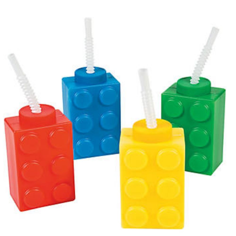 Color Brick Party Cups with Straw &amp; Lid / 8 Vasos de Lego con Popote Fiestas Novelty