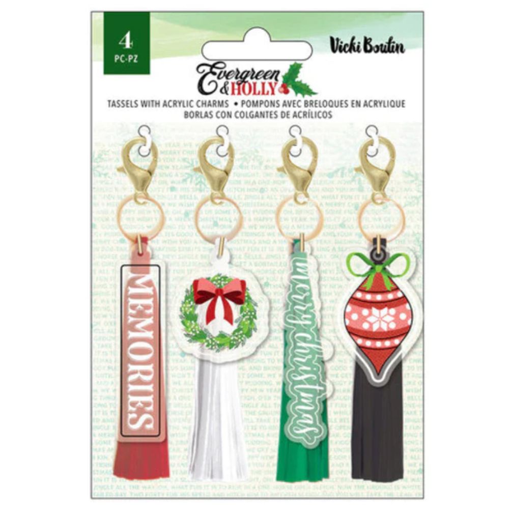 Evergreen & Holly Tassels / 4 Borlas con Charms Adornos / Embellishments American Crafts