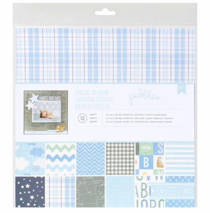 Baby Boy Kit Pebbles 12" x 12" Paper / Papel Doble Cara Niño Descontinuado American Crafts