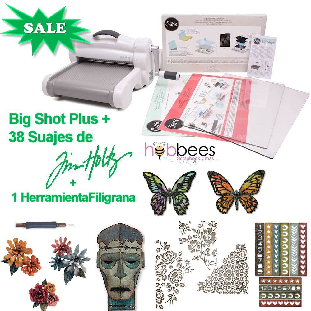 Big Shot PLUS White &amp; Gray Machine + 38 Suajes / Paquete Especial Tim Holtz Máquina de Corte y Grabado Descontinuado Sizzix