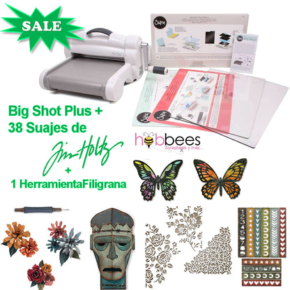 Big Shot PLUS White &amp; Gray Machine + 38 Suajes / Paquete Especial Tim Holtz Máquina de Corte y Grabado Descontinuado Sizzix